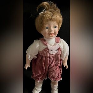 Antique Porcelain Doll In Corduroy Pink Overalls
